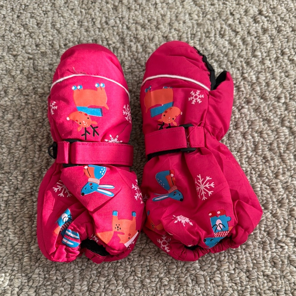 Kids Winter Mittens - Pink with Fun Prints size small - fits 5-6 years old